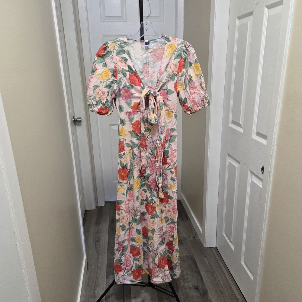 Old Navy Pink & Green Floral Midi Dress | Romantic Puff Sleeve Tie Front Dress - Picture 2 of 6